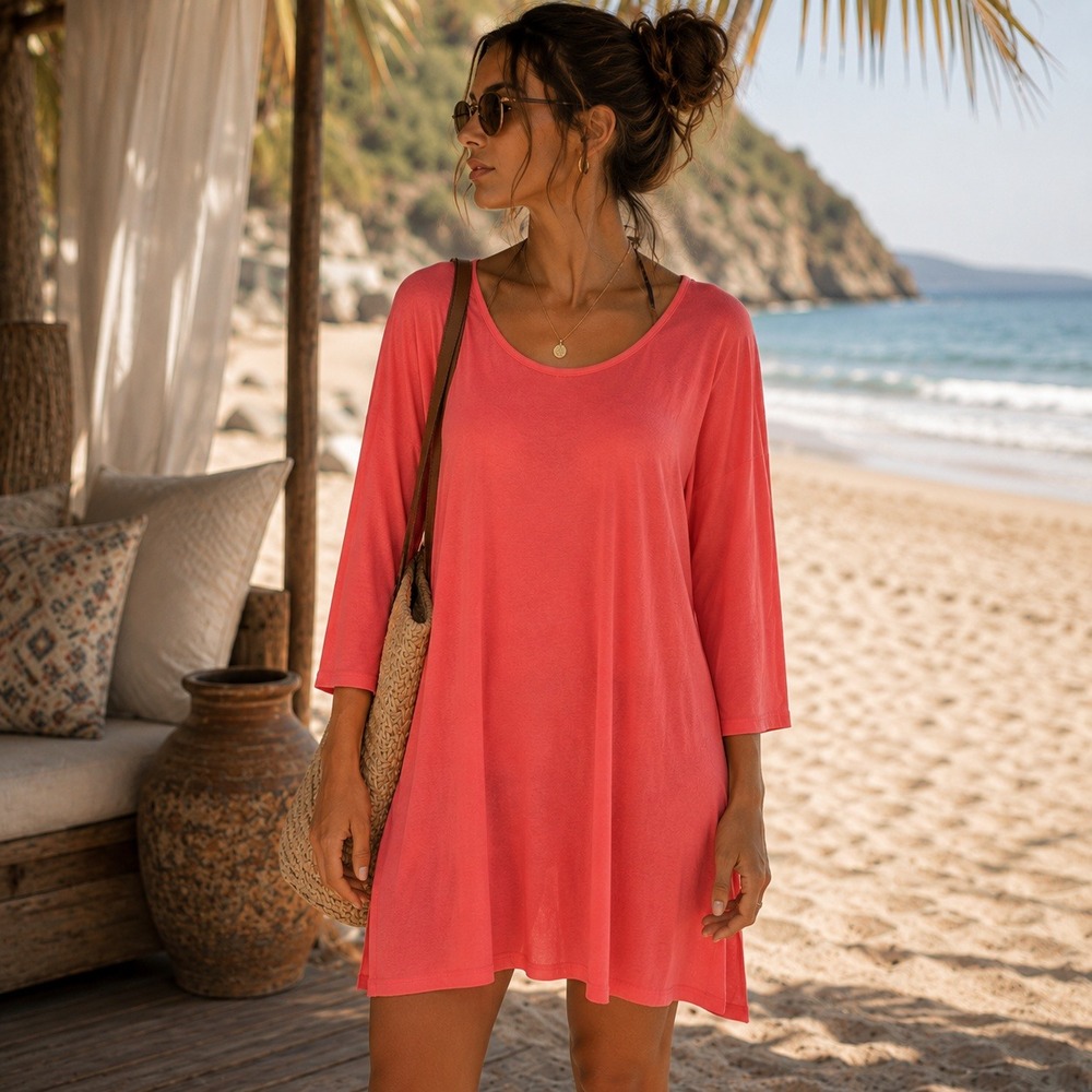 Calypso St Barth Coral Pink 3/4 Sleeve Longline Tunic Top Small Relaxed Fit
